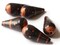 5 28mm Vintage Painted Peruvian Clay Beads - Brown Copper and Black Patterned Teardrop Beads
